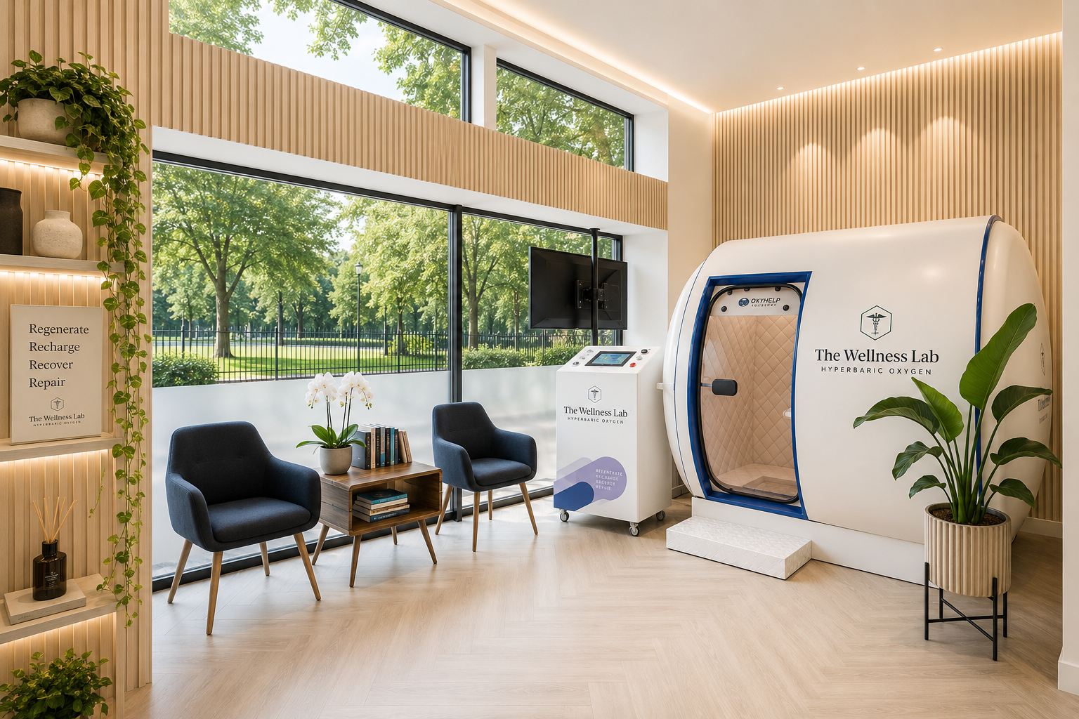 The Wellness Lab clinic interior with hyperbaric oxygen chambers